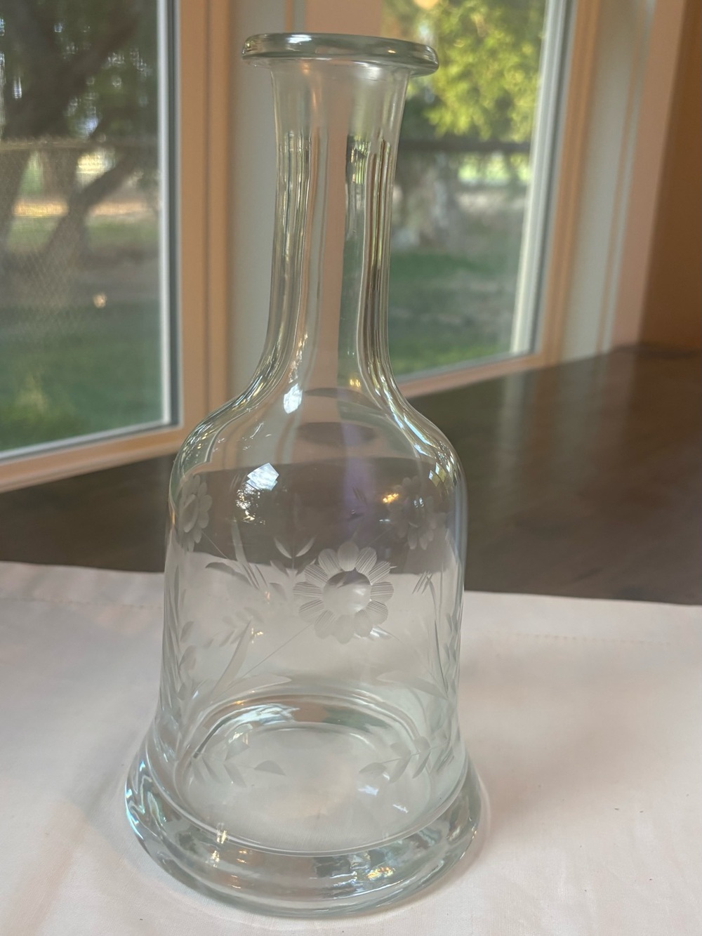 Vintage Clear Bell Shaped Glass Decanter with Delicate Etched Flower Design